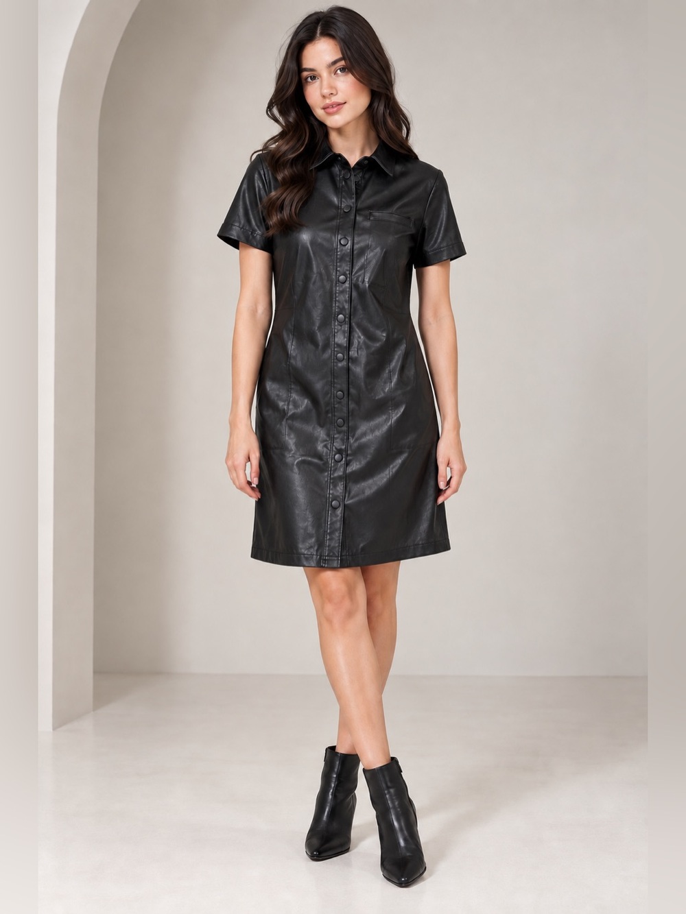 H&M Divided Black Faux Leather Button Front Shirt Dress XS